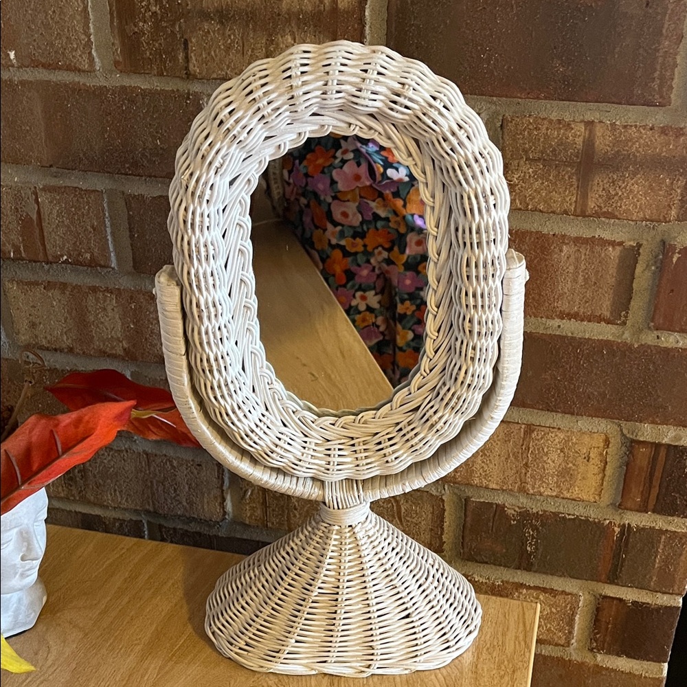 Vintage,White Wicker Vanity Mirror.